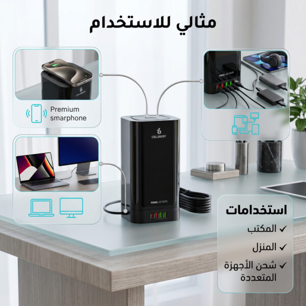 مشترك كهرباء ذكي 6 مخارج مع شاحن لاسلكي وشحن سريع USB-C PD 30W ومؤقت 24 ساعة